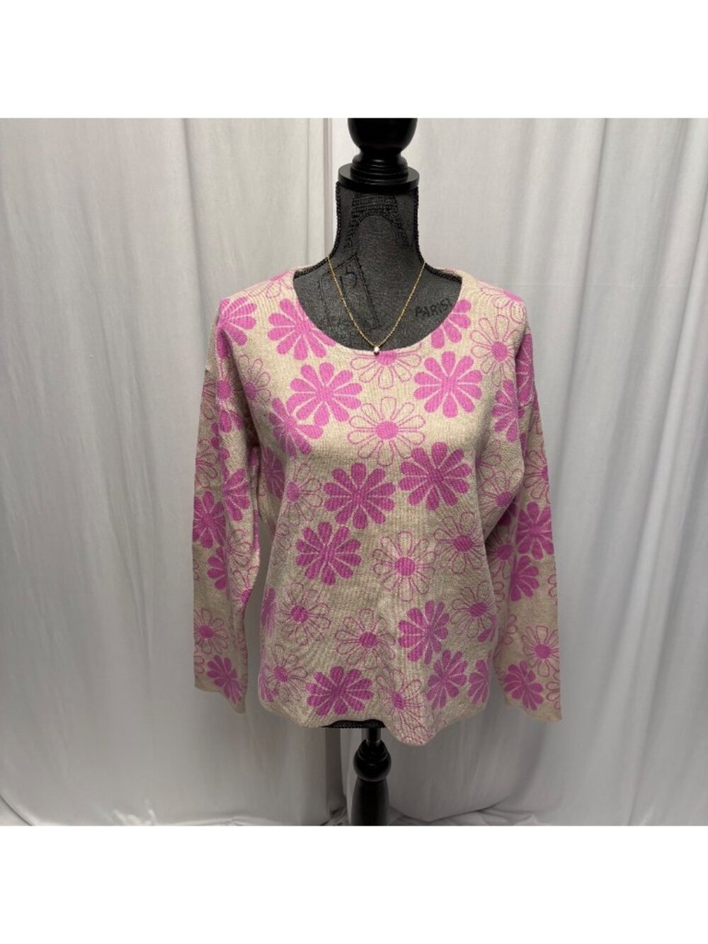 Rachel Zoe Sweater Womens Sz Large Pink Beige Floral Long Sleeve Retro Whimsical